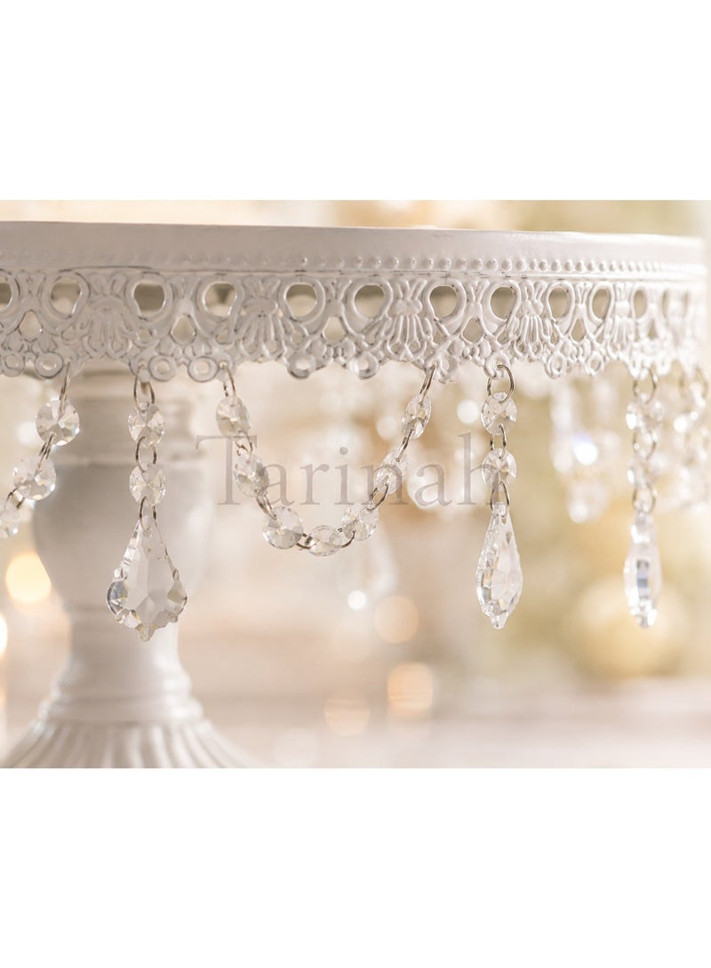 Luxury White Metal Pedestal Cake Stand Set with Crystal Hanging Pendants & Mirror Top (Set of 3) - Image 2
