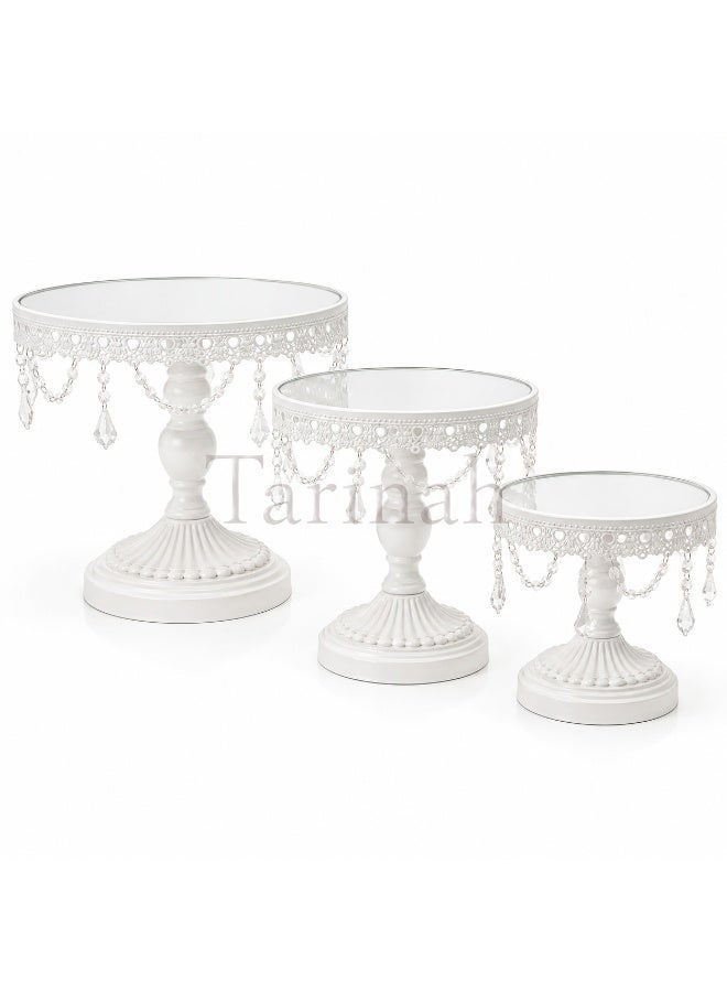 Luxury White Metal Pedestal Cake Stand Set with Crystal Hanging Pendants & Mirror Top (Set of 3) - Image 4