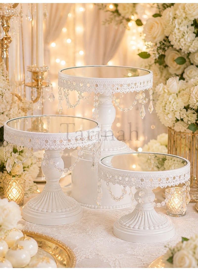Luxury White Metal Pedestal Cake Stand Set with Crystal Hanging Pendants & Mirror Top (Set of 3) - Image 1