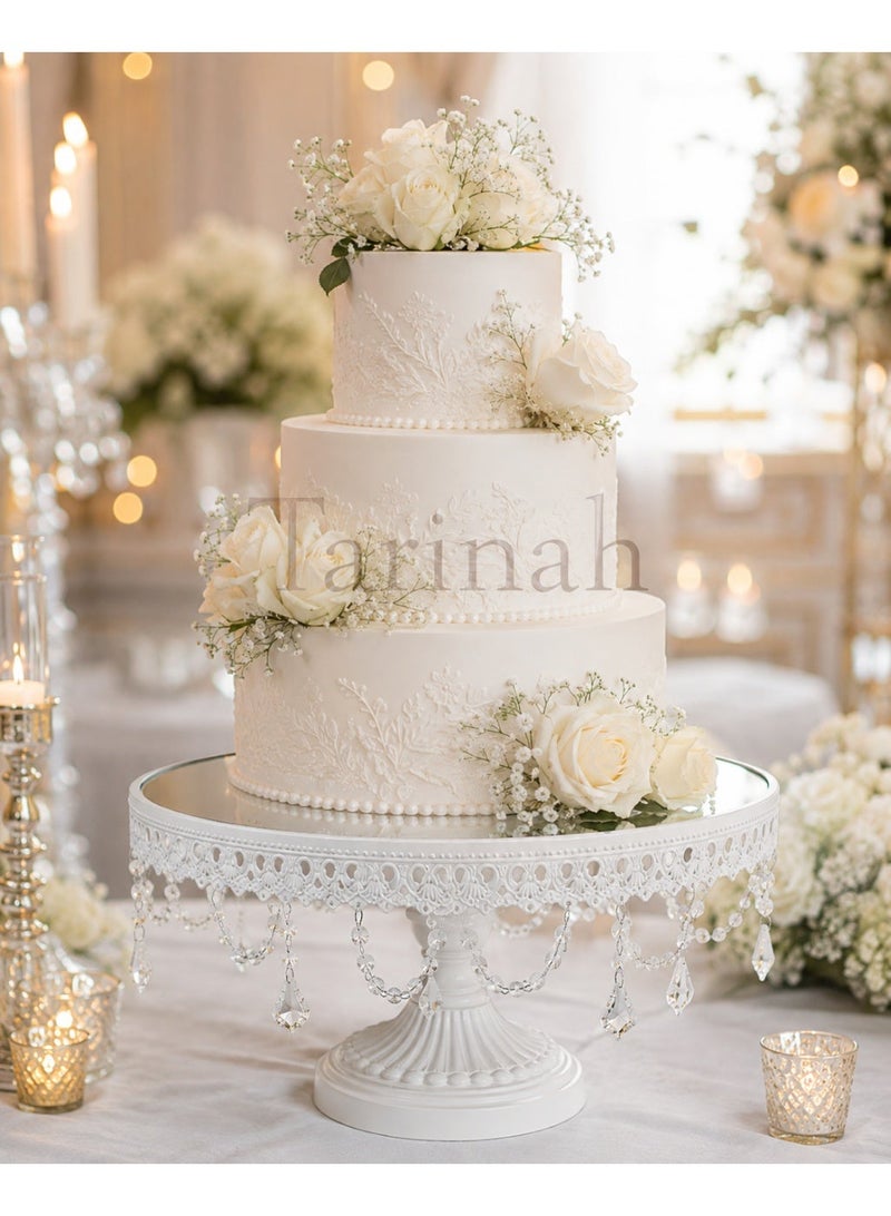 Luxury White Metal Pedestal Cake Stand Set with Crystal Hanging Pendants & Mirror Top (Set of 3) - Image 5