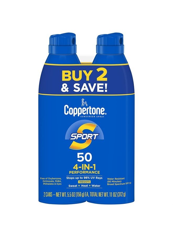 Coppertone SPORT Sunscreen Spray SPF 50, Water Resistant Spray Sunscreen, Broad Spectrum SPF 50 Sunscreen Pack, 5.5 Oz Spray, Pack of 2  - Image 1