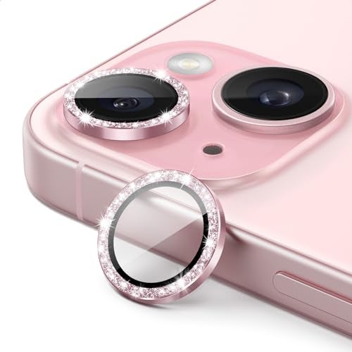 JETech Camera Lens Protector for iPhone 15 61Inch and iPhone 15 Plus 67Inch Bling Glitter Individual 9H Tempered Glass Metal Ring Cover HD Clear 1 Set Pink - Image 1