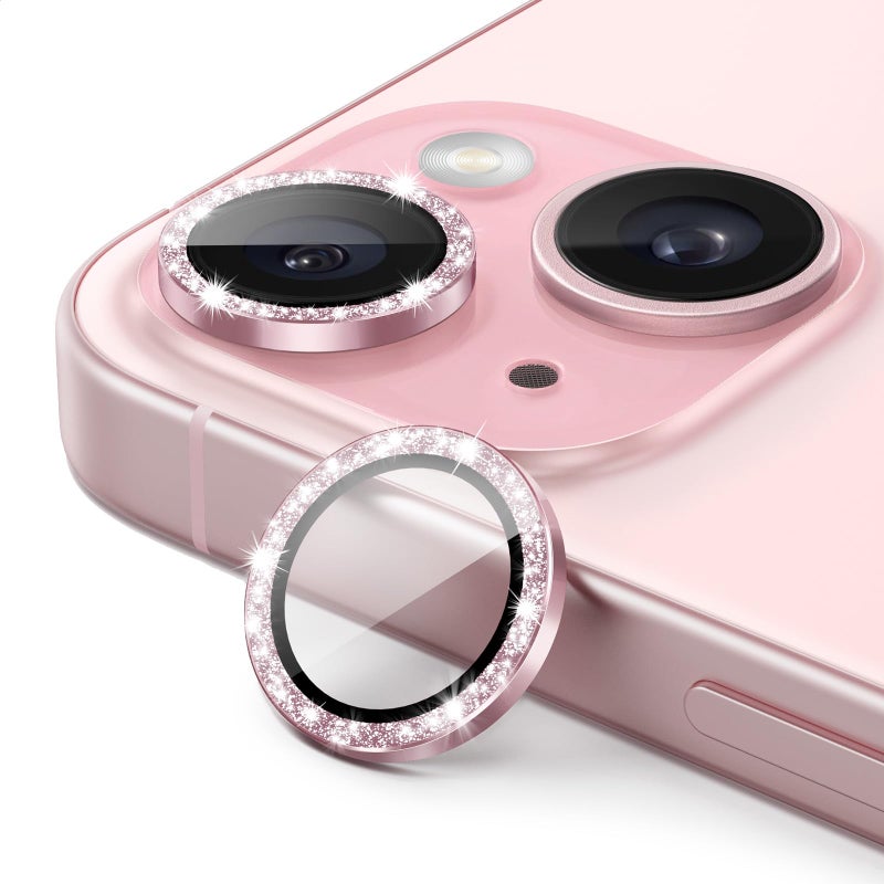 JETech Camera Lens Protector for iPhone 15 61Inch and iPhone 15 Plus 67Inch Bling Glitter Individual 9H Tempered Glass Metal Ring Cover HD Clear 1 Set Pink - Image 2