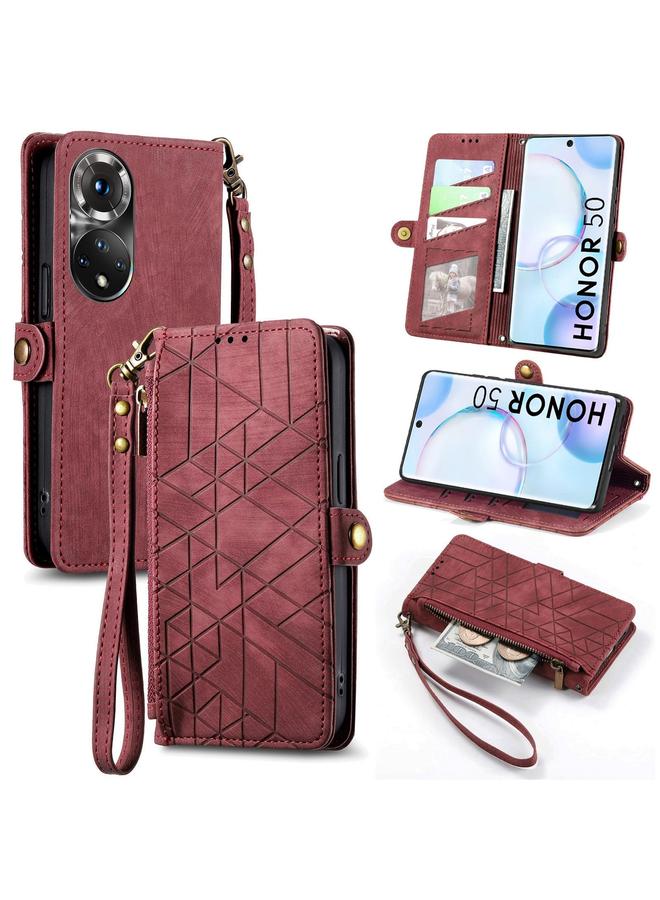 اس-توب جراب هاتف Honor 50 بتصميم هندسي وسحاب ومشبك جانبي من الجلد - Image 1