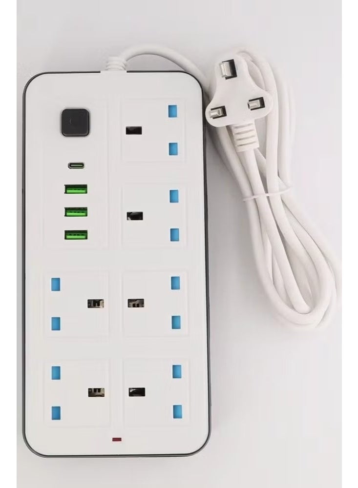 سلك تمديد كهربائي - 2500 واط، طوله 5 أمتار، مزود بـ 6 منافذ تيار متردد + 3 منافذ USB + منفذ شحن سريع من النوع C | شحن تلقائي بقوة 3.4 أمبير | حماية من الكهرباء الساكنة | أبيض | يتضمن كابلًا متينًا مزودًا بحماية من الكهرباء الساكنة لشحن آمن وفعال - Image 4