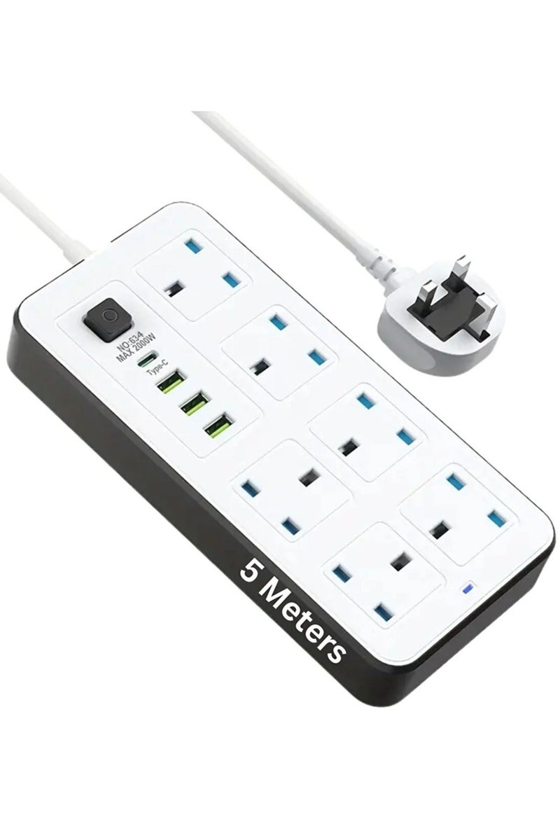سلك تمديد كهربائي - 2500 واط، طوله 5 أمتار، مزود بـ 6 منافذ تيار متردد + 3 منافذ USB + منفذ شحن سريع من النوع C | شحن تلقائي بقوة 3.4 أمبير | حماية من الكهرباء الساكنة | أبيض | يتضمن كابلًا متينًا مزودًا بحماية من الكهرباء الساكنة لشحن آمن وفعال - Image 3