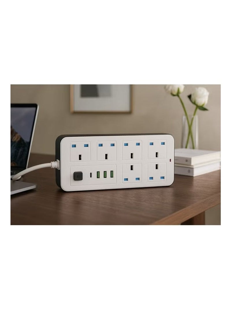 سلك تمديد كهربائي - 2500 واط، طوله 5 أمتار، مزود بـ 6 منافذ تيار متردد + 3 منافذ USB + منفذ شحن سريع من النوع C | شحن تلقائي بقوة 3.4 أمبير | حماية من الكهرباء الساكنة | أبيض | يتضمن كابلًا متينًا مزودًا بحماية من الكهرباء الساكنة لشحن آمن وفعال - Image 5