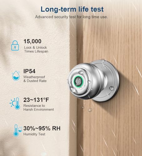 KLLOQUE Fingerprint Door Lock, Smart Fingerprint Door Knob with Lock, Biometric Door Locks with App Control & Key, Keyless Thumbprint Entry Door Locks for Bedroom, Front Door, Home, Apartment-Silver - Image 4