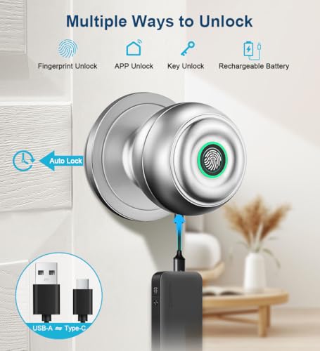 KLLOQUE Fingerprint Door Lock, Smart Fingerprint Door Knob with Lock, Biometric Door Locks with App Control & Key, Keyless Thumbprint Entry Door Locks for Bedroom, Front Door, Home, Apartment-Silver - Image 2
