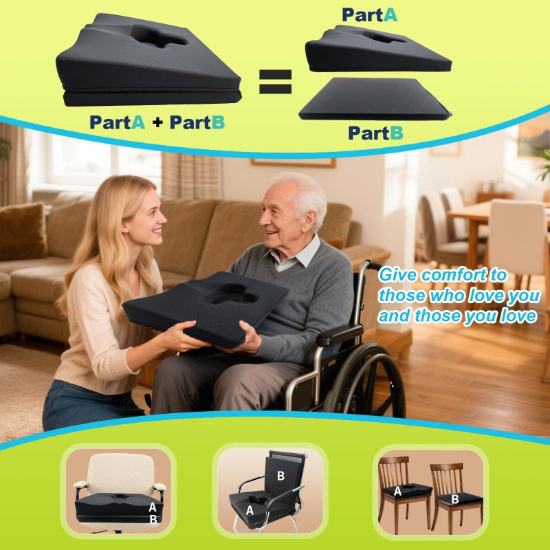 FoKon Gel Wheelchair Seat Cushion,Bed Sore Cushions for Butt,hemorrhoid Pillow,Sciatica,Coccyx,Pressure Sore&Ulcer Pain Relief Butt Pillow for Office Chair(Thickened&Support-Enhanced Set Black) - Image 3