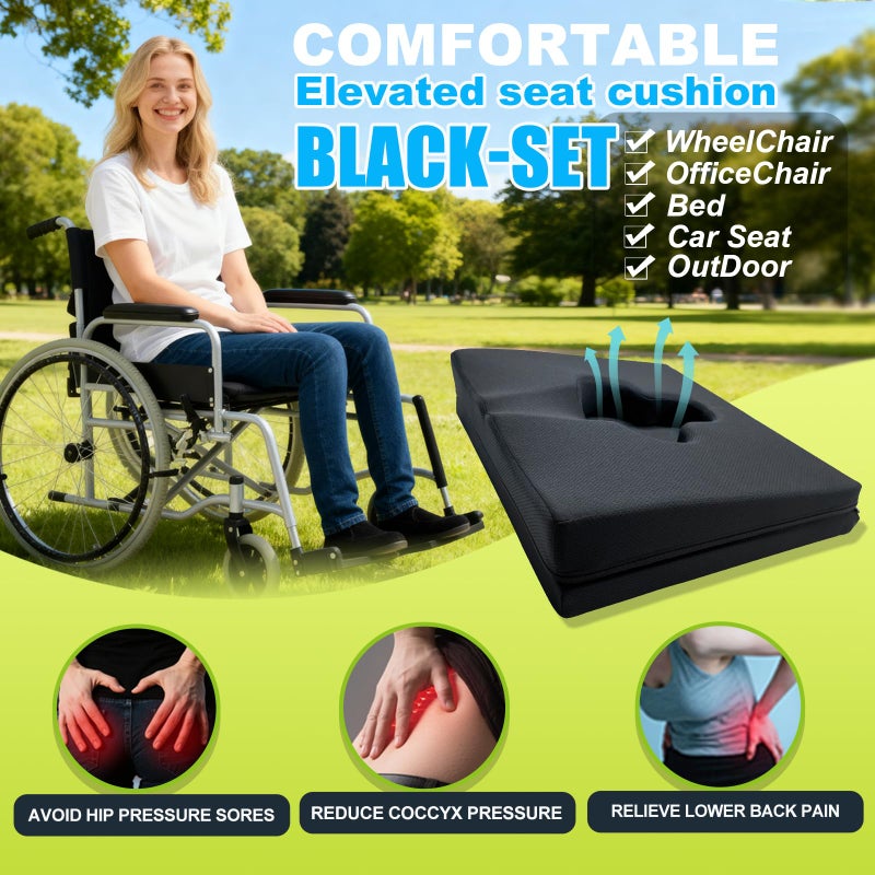 FoKon Gel Wheelchair Seat Cushion,Bed Sore Cushions for Butt,hemorrhoid Pillow,Sciatica,Coccyx,Pressure Sore&Ulcer Pain Relief Butt Pillow for Office Chair(Thickened&Support-Enhanced Set Black) - Image 2