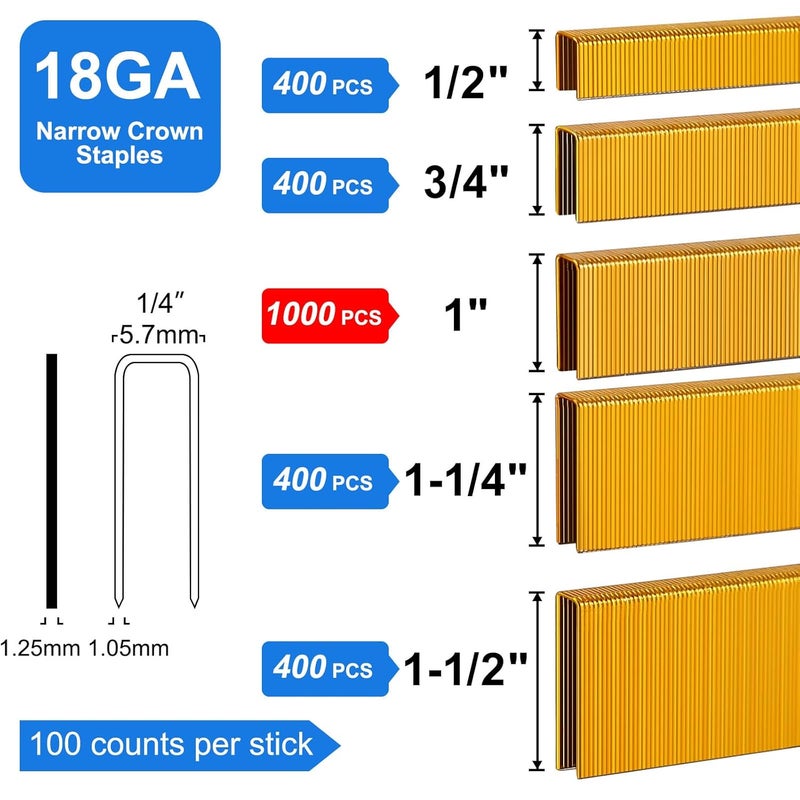SimCos 18 Gauge 1/4" Narrow Crown Staples, Galvanized Upholstery Staples for 18 GA Pneumatic or Electric Stapler or Staple Gun (1/2"+3/4"+1"+1-1/4"+1-1/2" -2600 pcs) - Image 2