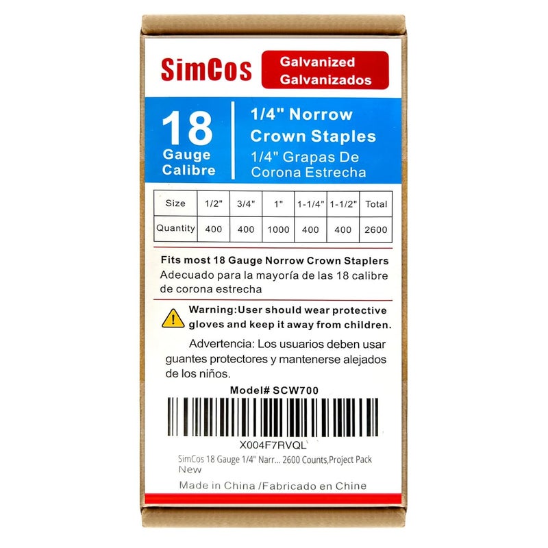 SimCos 18 Gauge 1/4" Narrow Crown Staples, Galvanized Upholstery Staples for 18 GA Pneumatic or Electric Stapler or Staple Gun (1/2"+3/4"+1"+1-1/4"+1-1/2" -2600 pcs) - Image 1