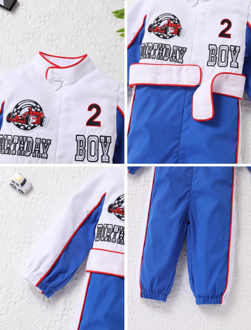 IMEKIS 2nd Birthday Outfit Boy: Race Car Jumpsuit Girl Two Fast 2 Year Old Cake Smash Photoshoot Toddler Baby Long Sleeve Construction Racing Party Blue + White 2 2-3T - Image 4