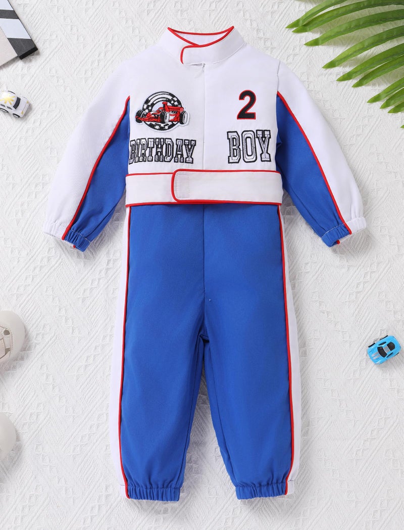 IMEKIS 2nd Birthday Outfit Boy: Race Car Jumpsuit Girl Two Fast 2 Year Old Cake Smash Photoshoot Toddler Baby Long Sleeve Construction Racing Party Blue + White 2 2-3T - Image 2