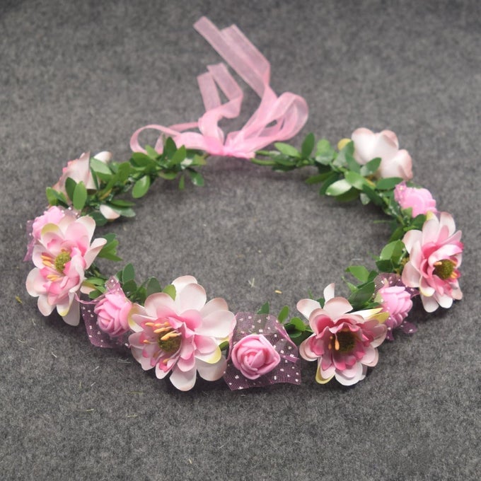 BRIDAL FLOWER GARLAND HEADBAND FLOWER CROWN HAIR WREATH HALO ADJUSTABLE RIBBON WEDDING FESTIVALS PHOTOGRAPHY PINK