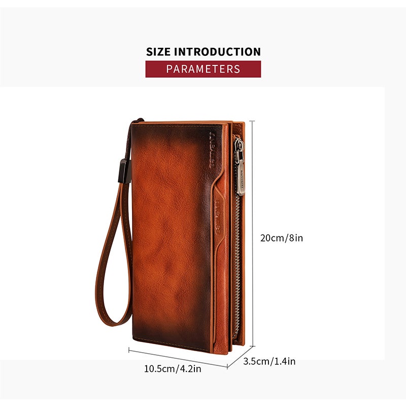 banyanu Men's Long Zipper Wallet, RFID Anti-theft Genuine Leather Wallet, Large Capacity Credit Card Holder, Genuine Top-Grain Cowhide Vintage Money Coins (Blue-Grey) - Image 3
