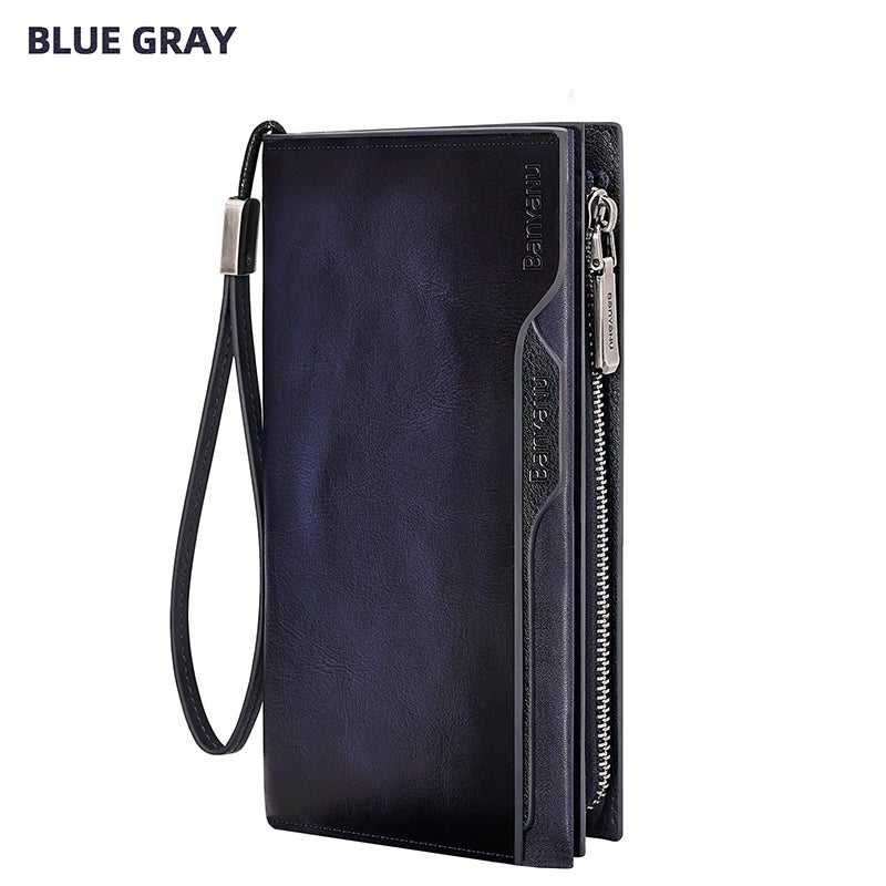 banyanu Men's Long Zipper Wallet, RFID Anti-theft Genuine Leather Wallet, Large Capacity Credit Card Holder, Genuine Top-Grain Cowhide Vintage Money Coins (Blue-Grey) - Image 1