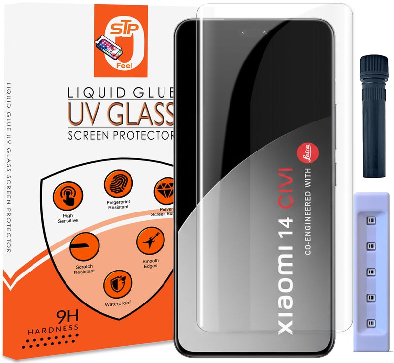 STP FEEL® Advanced UV HD+ Tempered Glass Screen Protector Guard Compatible For Xiaomi 14 Civi 5G (6.67 Inch, Pack of 1) Full Adhesive UV Curved Case Friendly HD Clarity with easy installation kit - Image 1