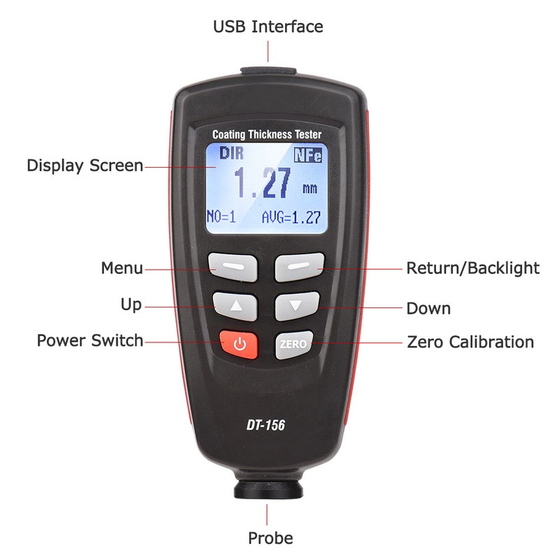 جهاز قياس سمك الطلاء CEM DT-156 LCD لقياس سمك الطلاء Fe/NFe مقياس سمك الطلاء لعمق الطلاء في السيارات 0~1800μm مع مواد المعايرة وحقيبة حمل للسيارات - Image 4