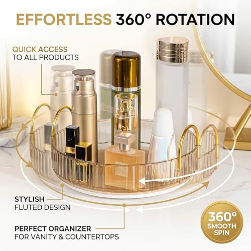 Zeinwap Lazy Susan Rotating Makeup Organizer for Vanity, High-Capacity Skincare Clear Make Up Storage Perfume Organizers Cosmetic Dresser Organizer Countertop 360 Spinning (1 Tier, Amber Gold) - Image 3