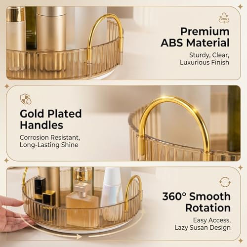 Zeinwap Lazy Susan Rotating Makeup Organizer for Vanity, High-Capacity Skincare Clear Make Up Storage Perfume Organizers Cosmetic Dresser Organizer Countertop 360 Spinning (1 Tier, Amber Gold) - Image 4