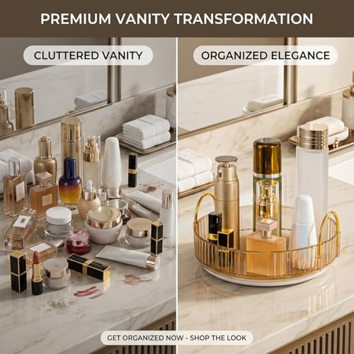 Zeinwap Lazy Susan Rotating Makeup Organizer for Vanity, High-Capacity Skincare Clear Make Up Storage Perfume Organizers Cosmetic Dresser Organizer Countertop 360 Spinning (1 Tier, Amber Gold) - Image 2