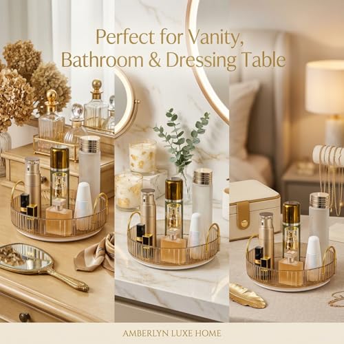 Zeinwap Lazy Susan Rotating Makeup Organizer for Vanity, High-Capacity Skincare Clear Make Up Storage Perfume Organizers Cosmetic Dresser Organizer Countertop 360 Spinning (1 Tier, Amber Gold) - Image 5