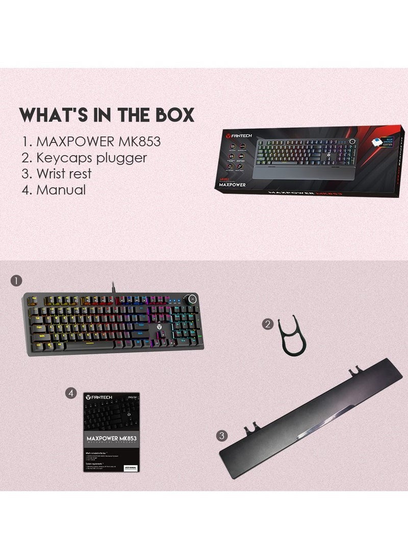 Fantech Max Power MK853 Mechanical RGB Keyboard With Full Anti-Ghosting Keys and wrist support , Blue Mechanical Switch, 50 Million Keys Lifetime, 22 RGB Gradient Modes, Dedicated Media Control - pzsku/ZBB7E0327696532EA2B31Z/45/_/1657109003/ce5ec626-c83a-4769-a926-76b054496df9