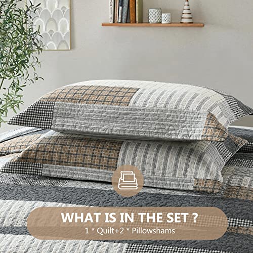 DUOHONG Quilts King Size, King Quilt Bedding Set Bedspread, 100% Cotton Patchwork Quilt for King Bed, 3 Pieces Plaid Farmhouse Reversible Lightweight Comforter Bed Spread, Grey/Tan/Black - Image 5
