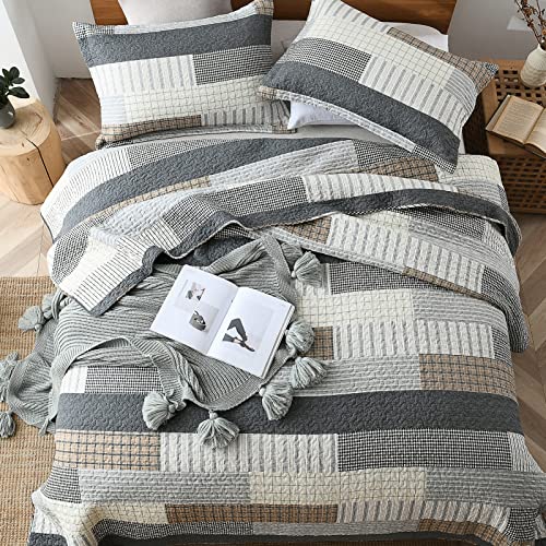 DUOHONG Quilts King Size, King Quilt Bedding Set Bedspread, 100% Cotton Patchwork Quilt for King Bed, 3 Pieces Plaid Farmhouse Reversible Lightweight Comforter Bed Spread, Grey/Tan/Black - Image 3