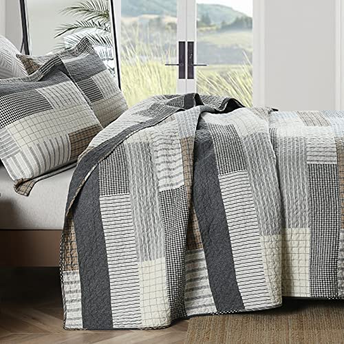 DUOHONG Quilts King Size, King Quilt Bedding Set Bedspread, 100% Cotton Patchwork Quilt for King Bed, 3 Pieces Plaid Farmhouse Reversible Lightweight Comforter Bed Spread, Grey/Tan/Black - Image 2