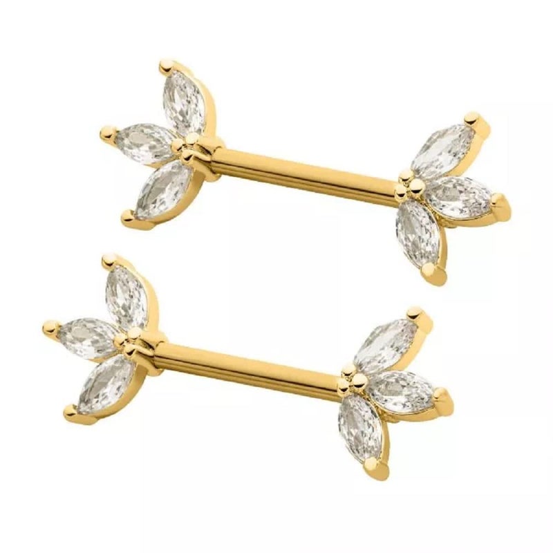 Pierced Owl 14GA 316L Stainless Steel Triple CZ Crystal Marquise Ends Nipple Barbells, Sold as a Pair (Gold Tone/Clear) - Image 2