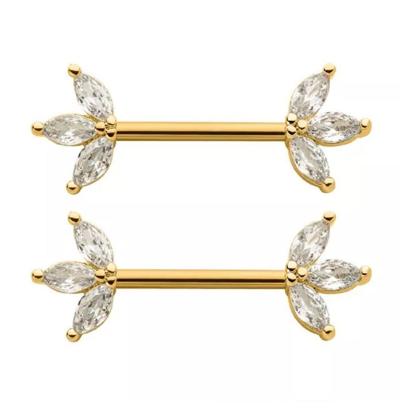 Pierced Owl 14GA 316L Stainless Steel Triple CZ Crystal Marquise Ends Nipple Barbells, Sold as a Pair (Gold Tone/Clear) - Image 1