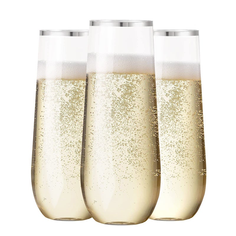 SUT 24PCS Silver Champagne Flutes Plastic 9oz Stemless Plastic Champagne Glasses Clear plastic Toasting Glasses With Silver Rim Unbreakable Shatterproof Mimosa Glasses For PartyShower