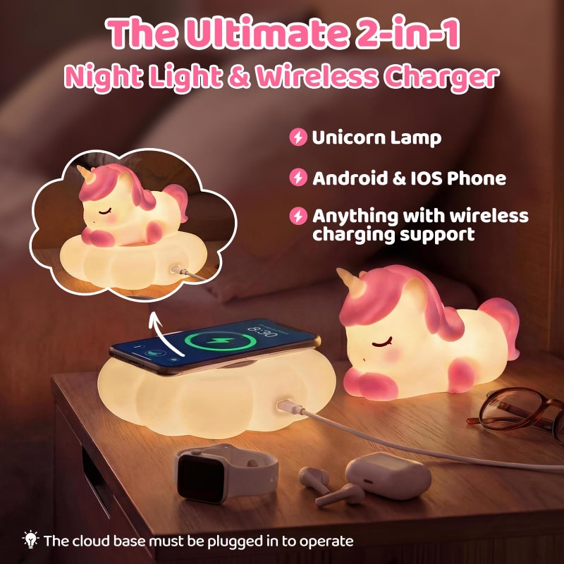 Mewaii Cloud Unicorn Night Light for Kids-Wireless Charging Cloud Base, 3-Level Dimmable 7-Color Changing & 30-Min Timer, Portable Girls Night Lamp, Cute Unicorn Gifts for Girls Baby Nursery Decor - Image 3