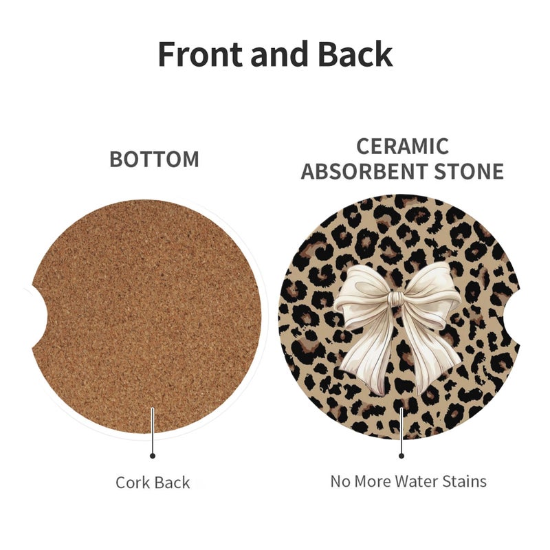 CTVSLFU Absorbent Car Coasters for Cup Holders, 2 Pack Universal Anti Slip Ceramic Cup Coaster for Women Men 2.56 Inch Car Interior Accessories - Bow Tie Brown Leopard 007 - Image 2