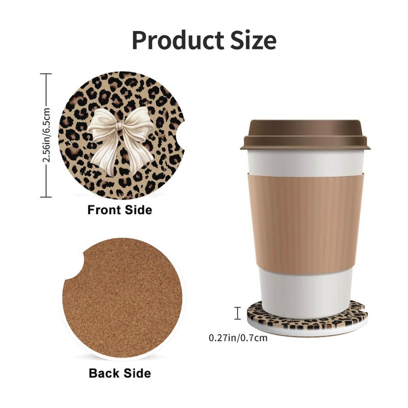 CTVSLFU Absorbent Car Coasters for Cup Holders, 2 Pack Universal Anti Slip Ceramic Cup Coaster for Women Men 2.56 Inch Car Interior Accessories - Bow Tie Brown Leopard 007 - Image 3
