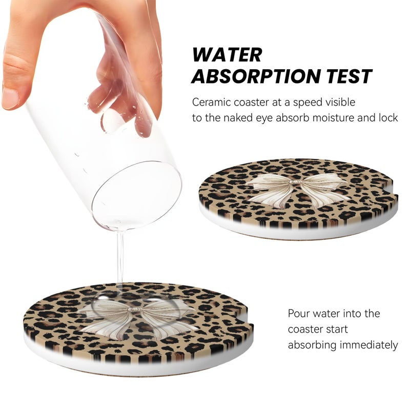 CTVSLFU Absorbent Car Coasters for Cup Holders, 2 Pack Universal Anti Slip Ceramic Cup Coaster for Women Men 2.56 Inch Car Interior Accessories - Bow Tie Brown Leopard 007 - Image 4