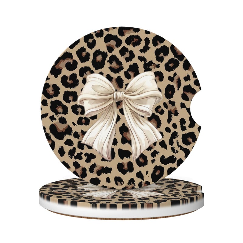 CTVSLFU Absorbent Car Coasters for Cup Holders, 2 Pack Universal Anti Slip Ceramic Cup Coaster for Women Men 2.56 Inch Car Interior Accessories - Bow Tie Brown Leopard 007 - Image 1