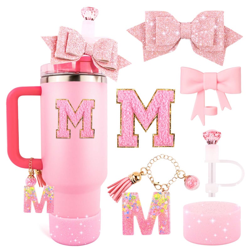 Lingdeer Pink Cup Accessories Set for Stanley 30OZ 40OZ Tumbler with Handle Letter Charms Bow Diamond Straw Covers Glitter Silicone Boot Personalized Sticker for Stanley Cup Accessories M