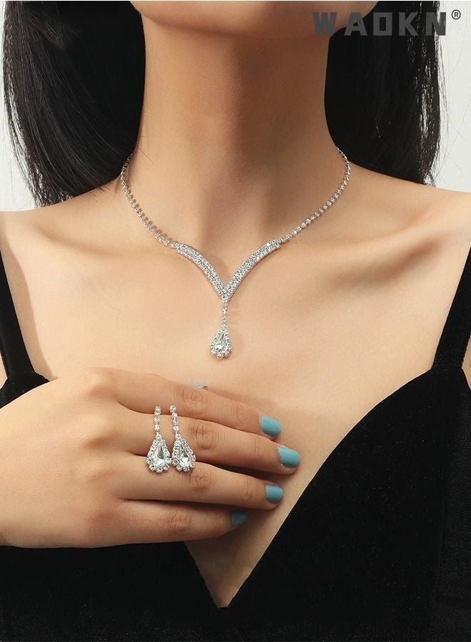 WAOKN Rhinestone Necklace Earrings Set Drop-shaped Pendant V-neck Chain Ear Dangle Bridal Evening Dress Accessories for Women Silver/Clear  - Image 1