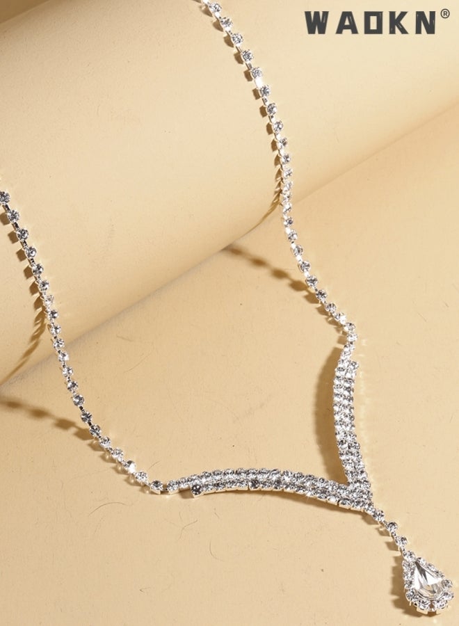 WAOKN Rhinestone Necklace Earrings Set Drop-shaped Pendant V-neck Chain Ear Dangle Bridal Evening Dress Accessories for Women Silver/Clear  - Image 2