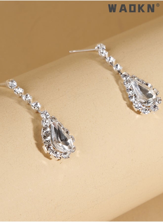 WAOKN Rhinestone Necklace Earrings Set Drop-shaped Pendant V-neck Chain Ear Dangle Bridal Evening Dress Accessories for Women Silver/Clear  - Image 5