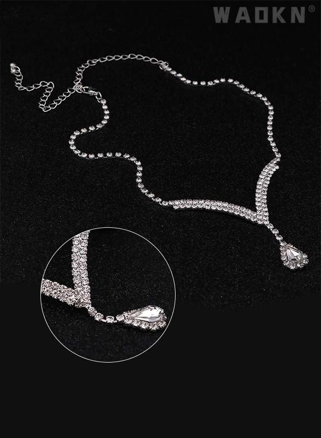 WAOKN Rhinestone Necklace Earrings Set Drop-shaped Pendant V-neck Chain Ear Dangle Bridal Evening Dress Accessories for Women Silver/Clear  - Image 4
