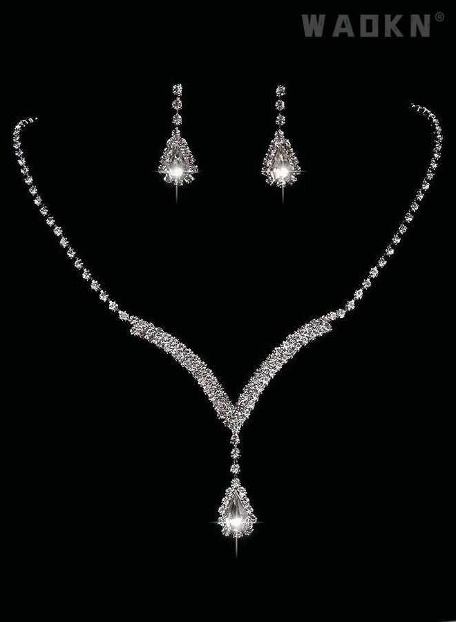WAOKN Rhinestone Necklace Earrings Set Drop-shaped Pendant V-neck Chain Ear Dangle Bridal Evening Dress Accessories for Women Silver/Clear  - Image 3