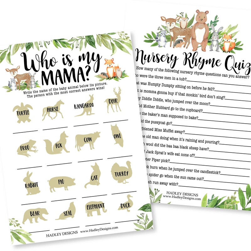 Hadley Designs Hilarious Baby Shower Games Set  25 DoubleSided Cards for 25 Guests 2 Games Baby Animal Matching Nursery Rhyme Gender Neutral and Fun for Boys  Girls Woodland