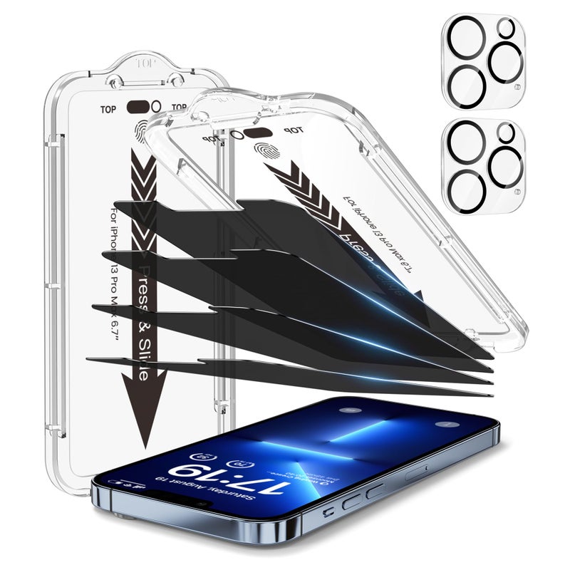 EZ-GLAZ- 4 Pack for iPhone 13 Pro Max Privacy Screen Protector[6.7"] With 2 Pack Camera Lens Protector, [Drop Protection] 9H Hardness Full Coverage Anti-Spy Tempered Glass Film, Easy to install - Image 1