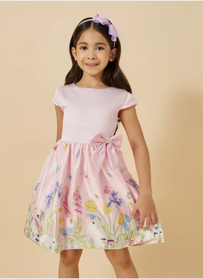 ستايلي Styli Floral Print Short Sleeve Dress with Bow Detail