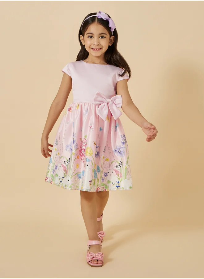 ستايلي Styli Floral Print Short Sleeve Dress with Bow Detail